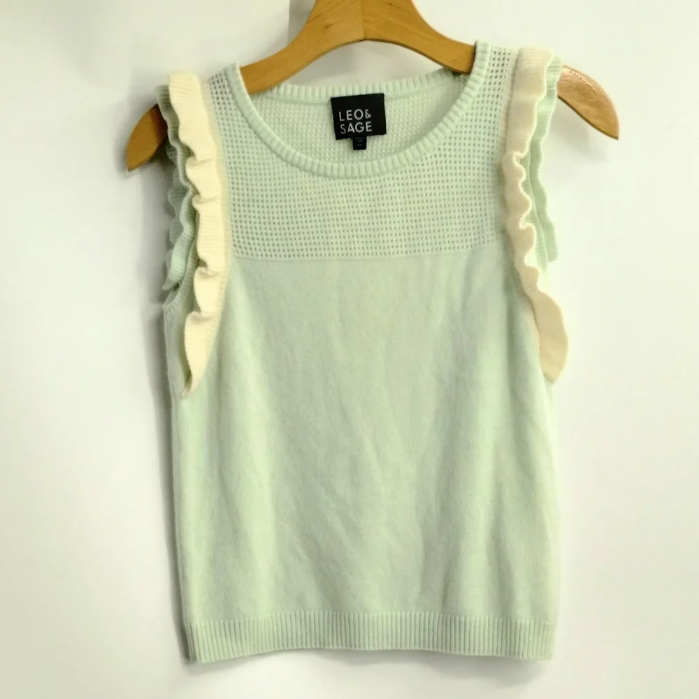 Leo & Sage Cashmere Sweater Tank Aqua Ruffle Shoulder‎